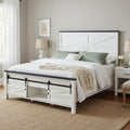 ACCOHOHO Farmhouse Queen Size Bed Frame with Barn Door Storage, Platform Bed Frame with Headboard, Rustic Bed, Solid Wood Slats Support/Noiseless/No Box Spring Needed (White)
