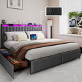 Doltoro Full Size Bed Frame with Headboard and 4 Storage Drawers, Upholstered Wingback Metal Platform Bed with LED Lights and Charging Station, No Box Spring Needed, Noise Free, Easy Assembly, Gray