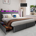 Doltoro Queen Size Bed Frame with Headboard and 4 Storage Drawers, Upholstered Wingback Metal Platform Bed with LED Lights and Charging Station, No Box Spring Needed, Noise Free, Easy Assembly, Gray