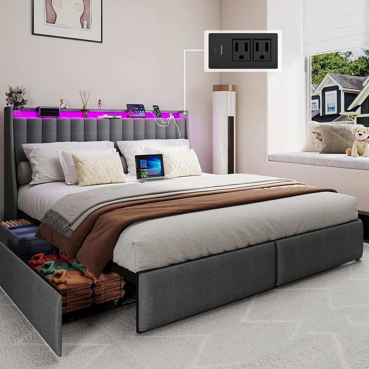 Doltoro Queen Size Bed Frame with Headboard and 4 Storage Drawers, Upholstered Wingback Metal Platform Bed with LED Lights and Charging Station, No Box Spring Needed, Noise Free, Easy Assembly, Gray