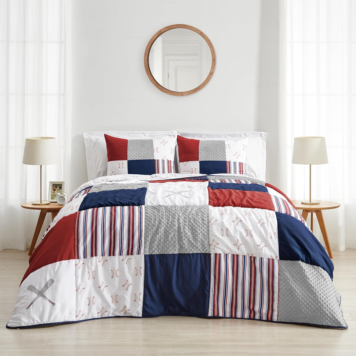 Sweet Jojo Designs Red, White and Blue Baseball Patch Sports Boy Full/Queen Kid Teen Bedding Comforter Set - 3 Pieces - Grey Patchwork Stripe