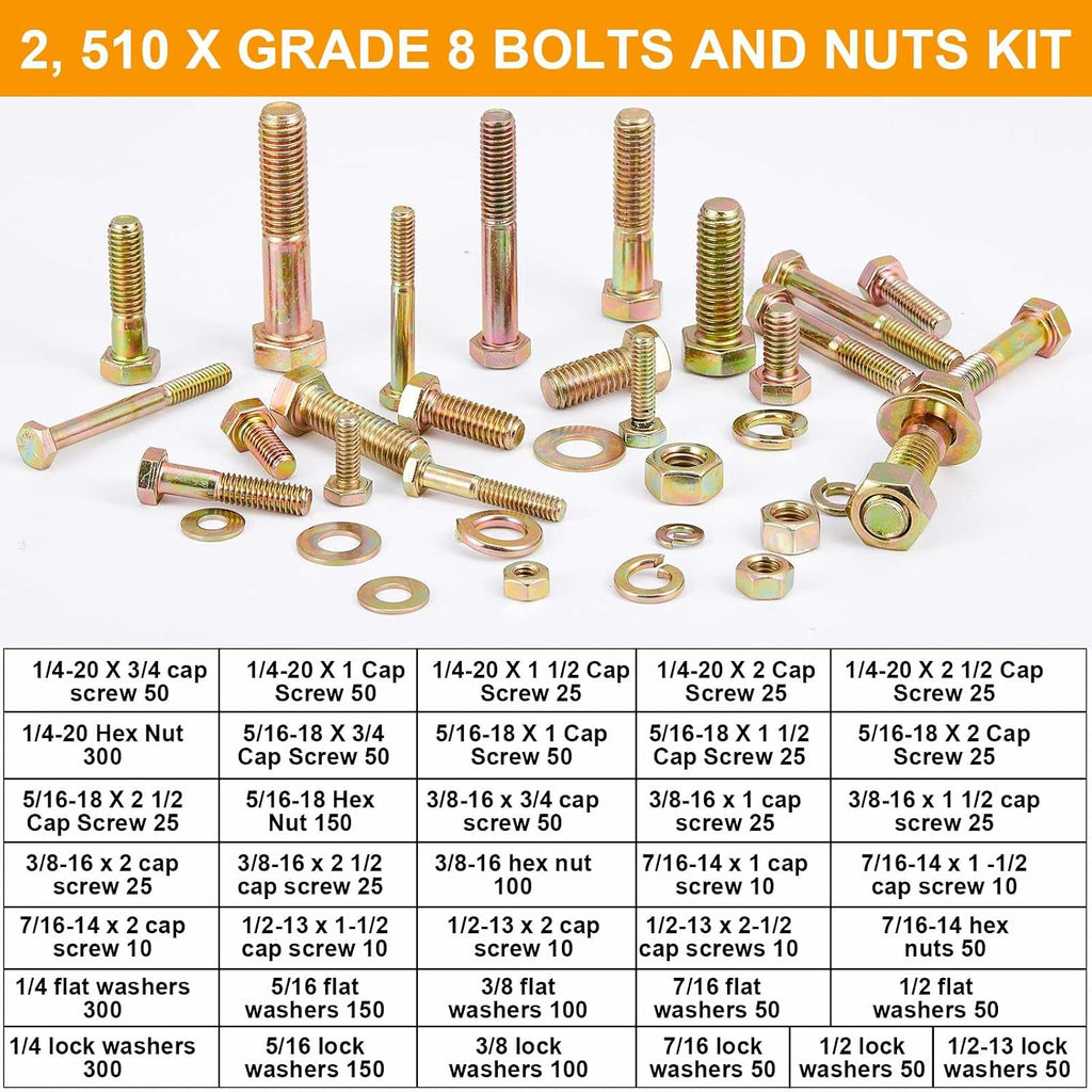 Blulu 2, 510 Pcs Grade 8 Bolts and Nuts Kit, 1/4-20, 5/16-18, 3/8-16, 7/16-14, 1/2-13 Heavy Duty Nut and Bolt Assortment to Suit Various Fastening Scenarios,Fasteners Only(Zinc Yellow)