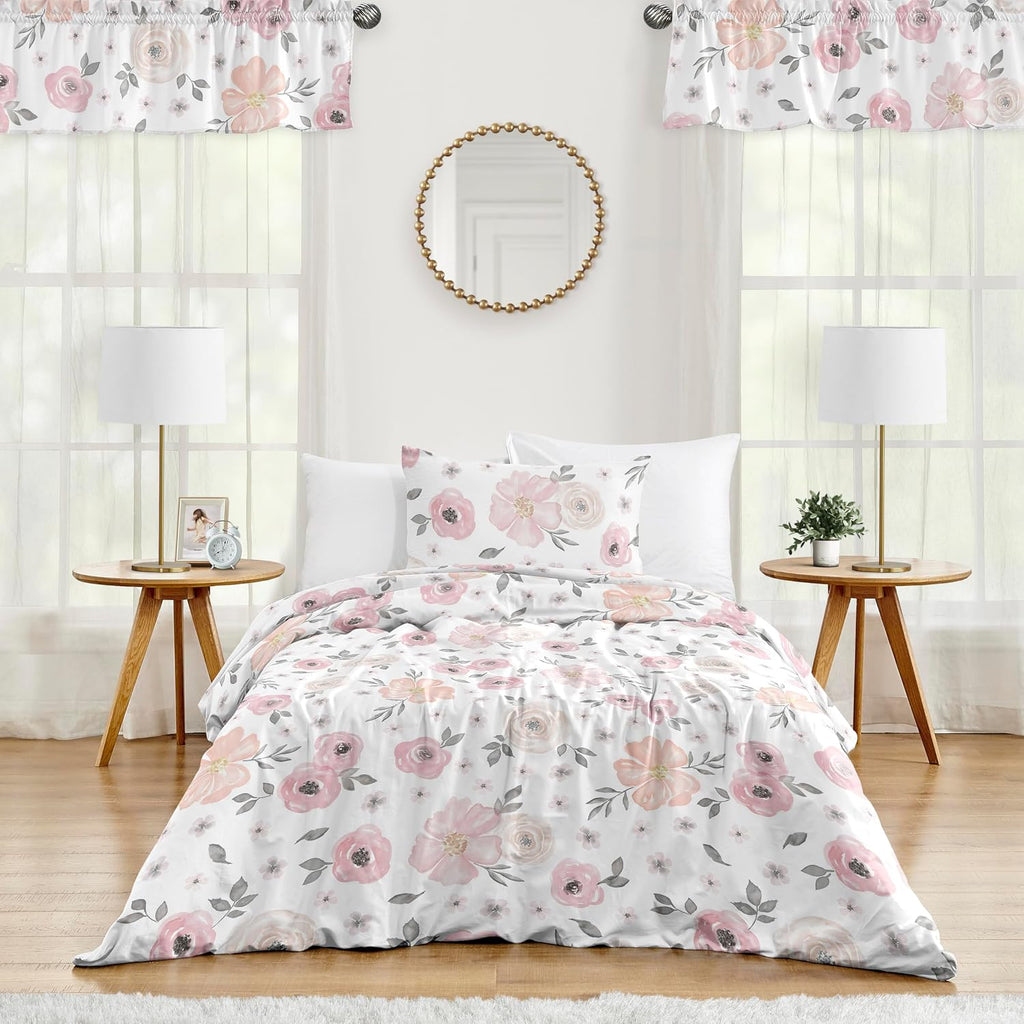 Sweet Jojo Designs 2-Piece Twin Comforter Set (Pink/Grey Boho Floral) for Girls, Kids, Teen, College Bed Room incl. Single Size Bedding & Sham (Watercolor, Flower, Elegant Rose, Farmhouse, Blush Gray)