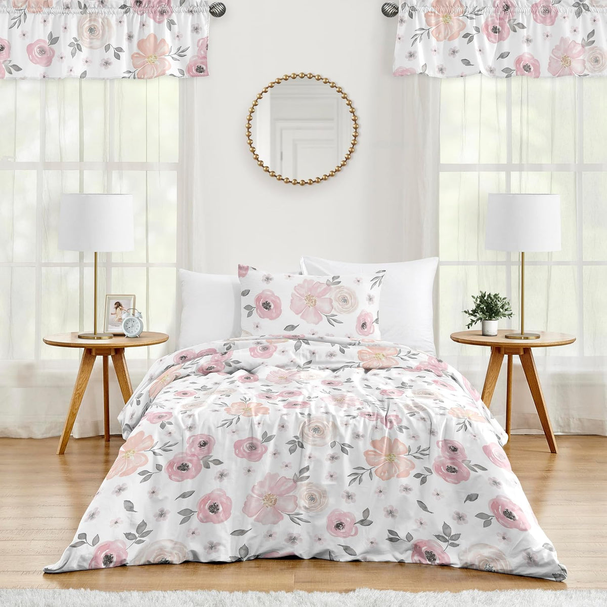 Sweet Jojo Designs 2-Piece Twin Comforter Set (Pink/Grey Boho Floral) for Girls, Kids, Teen, College Bed Room incl. Single Size Bedding & Sham (Watercolor, Flower, Elegant Rose, Farmhouse, Blush Gray)