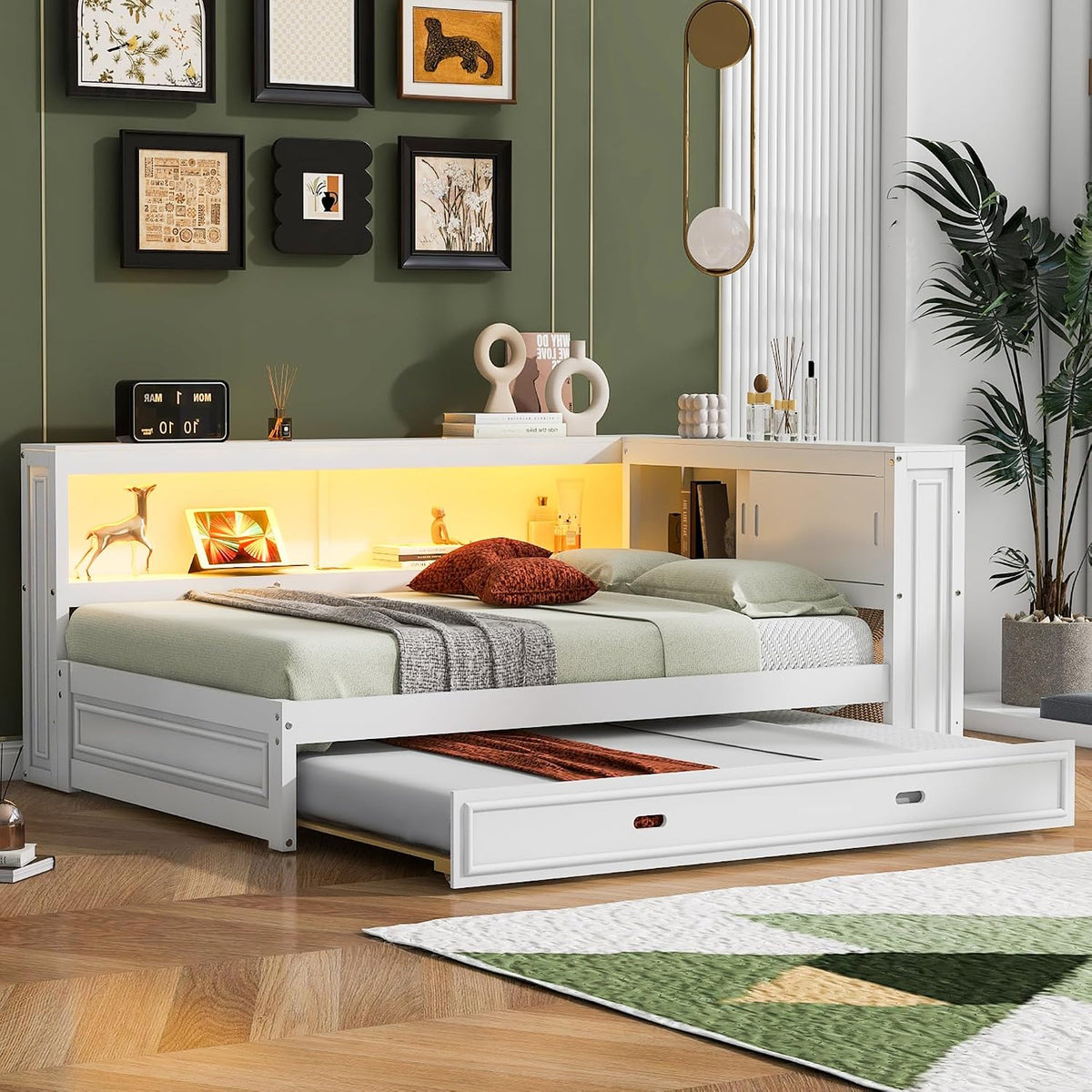 SOFTSEA Full Size Daybed with Trundle and Storage, L-Shaped Corner Bed with Bookcase, LED Lights & USB Ports, Wood Day Bed Frame with Reversible Headboard for Kids Teens Adults, White