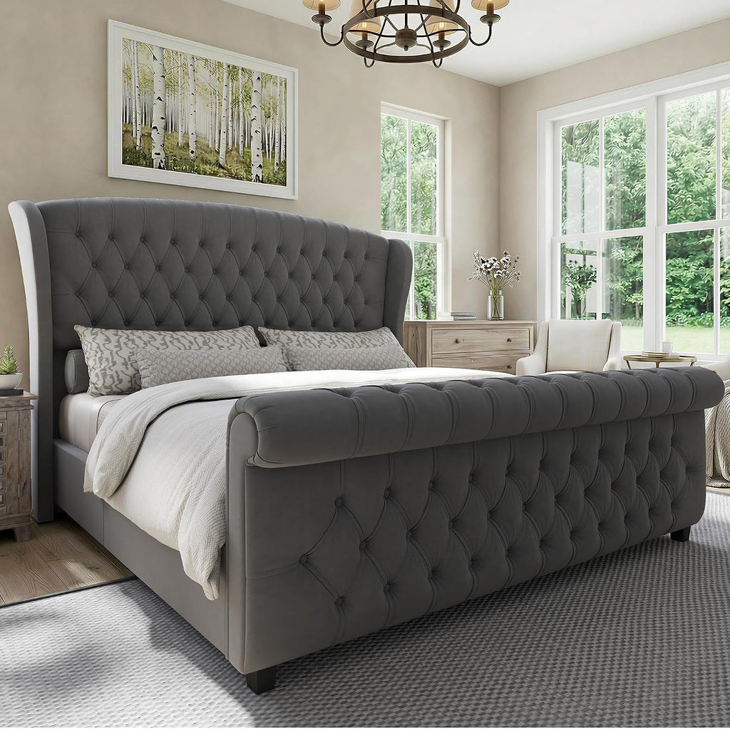 LUXOAK King Size Platform Bed Frame, Velvet Upholstered Sleigh Bed with Curved Headboard & Footboard, Deep Button Tufted, Wood Slats Support, No Box Spring Needed, Grey