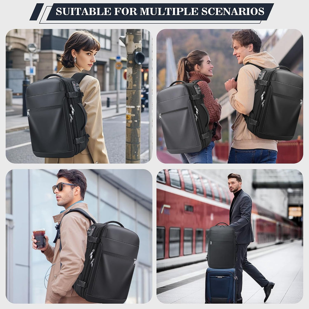 POSO Vacuum Backpack Travel – Expandable Compression Carry On Backpack with Vacuum Pump, Water-Resistant TSA Lock Travel Bag, 17' Laptop Backpack for Men Women, Business Airplane Flight Luggage