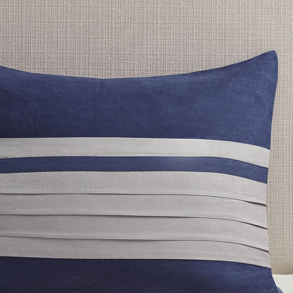 Madison Park Palmer Comforter Set-Luxury Faux Suede Design, Striped Accent, All Season Down Alternative Bedding, Matching Shams, Decorative Pillow, Bed Skirt, King (104 in x 92 in), Blue 7 Piece