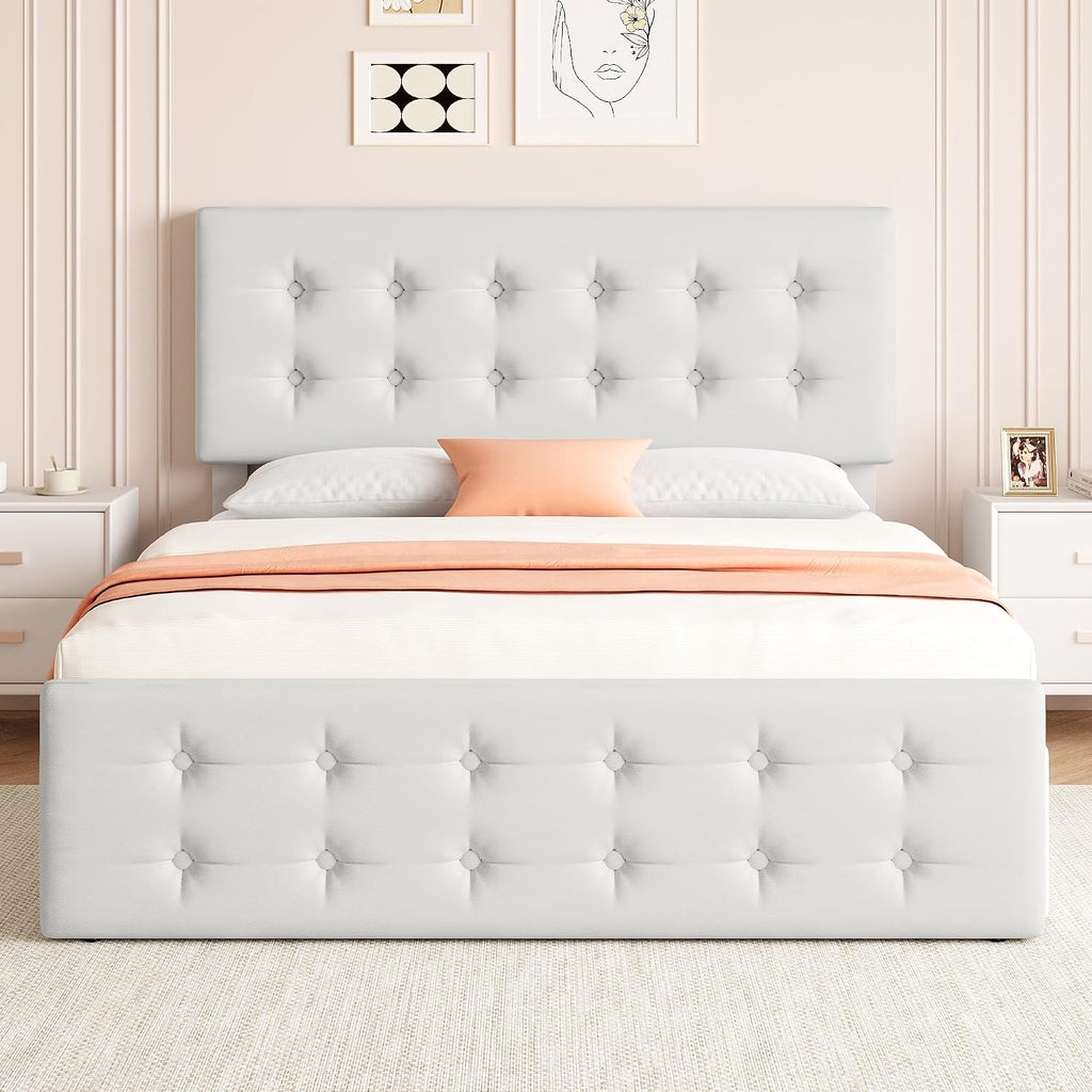 GarveeHome Full Size Bed Frame with 4 Storage Drawers and Headboard, Faux Leather Upholstered Platform Bed Frame with Wooden Slats Support, Button Tufted Design, No Box Spring Needed, Beige