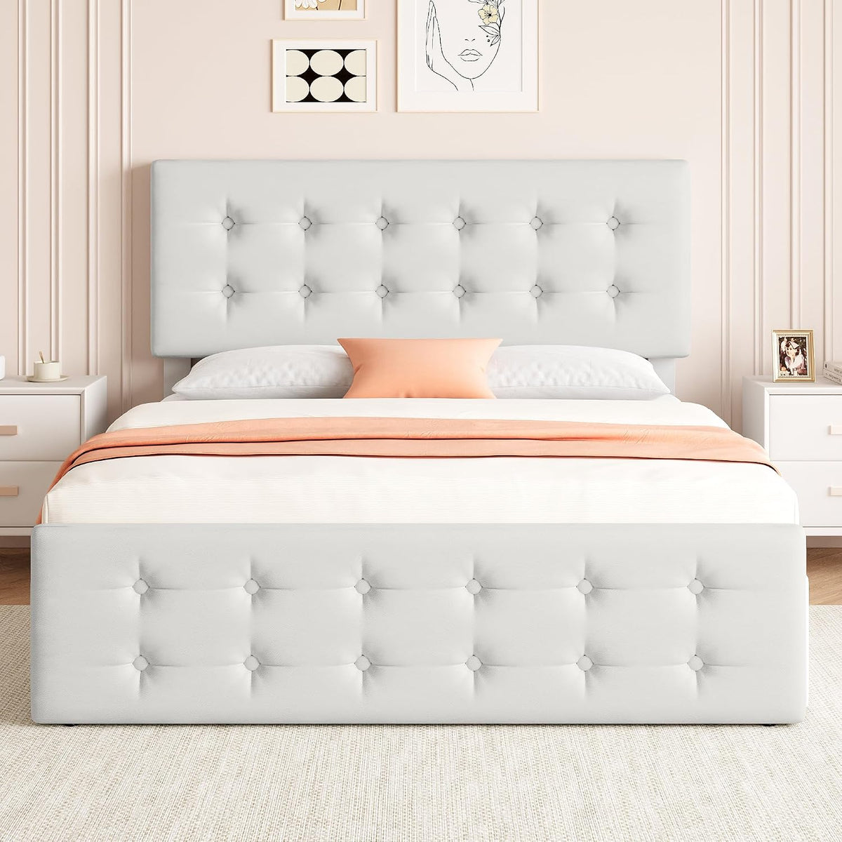 GarveeHome Full Size Bed Frame with 4 Storage Drawers and Headboard, Faux Leather Upholstered Platform Bed Frame with Wooden Slats Support, Button Tufted Design, No Box Spring Needed, Beige