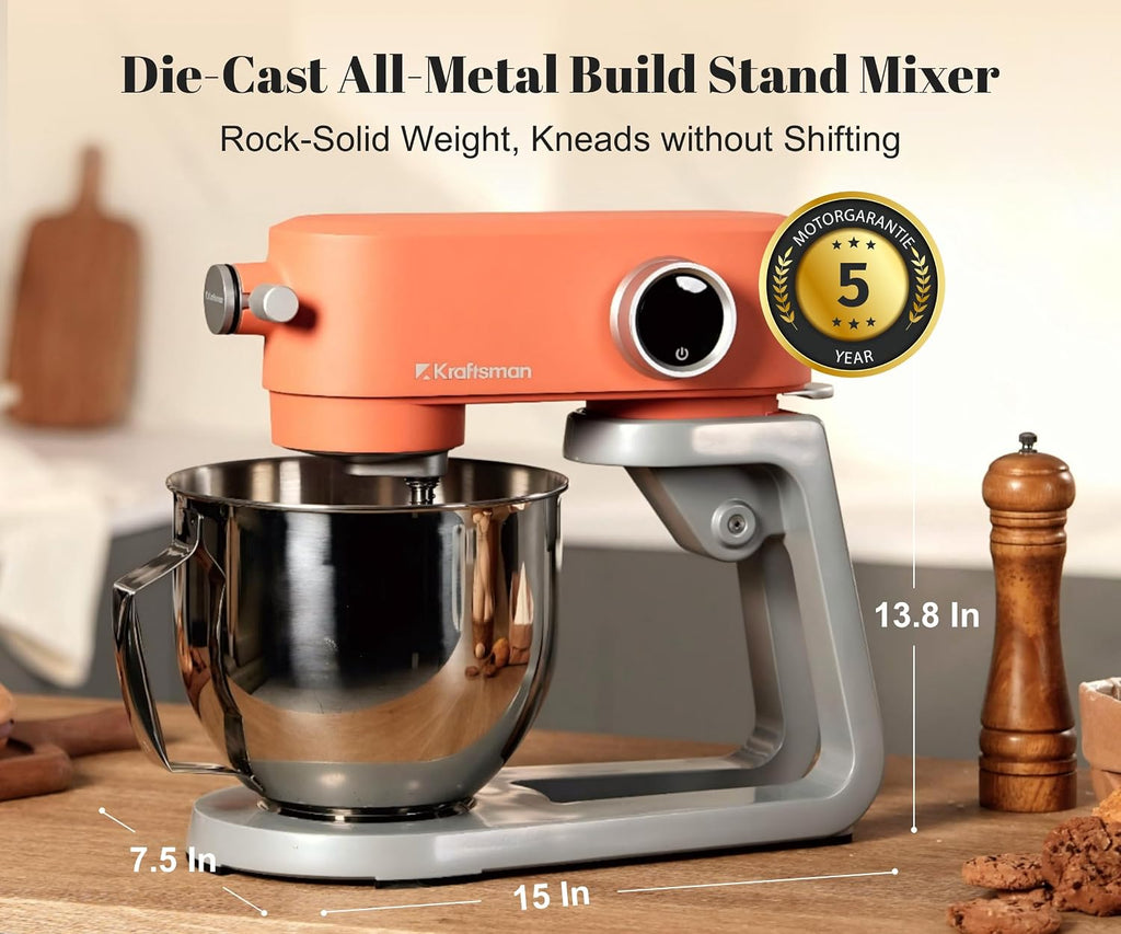 All-Metal Stand Mixer 5.3-Quart - Professional Kitchen Electric Food Mixer with Stainless Steel Mixing Bowl & Attachments for Baking, Dough & Cake, 8-Speed Control & Timer (Orange)