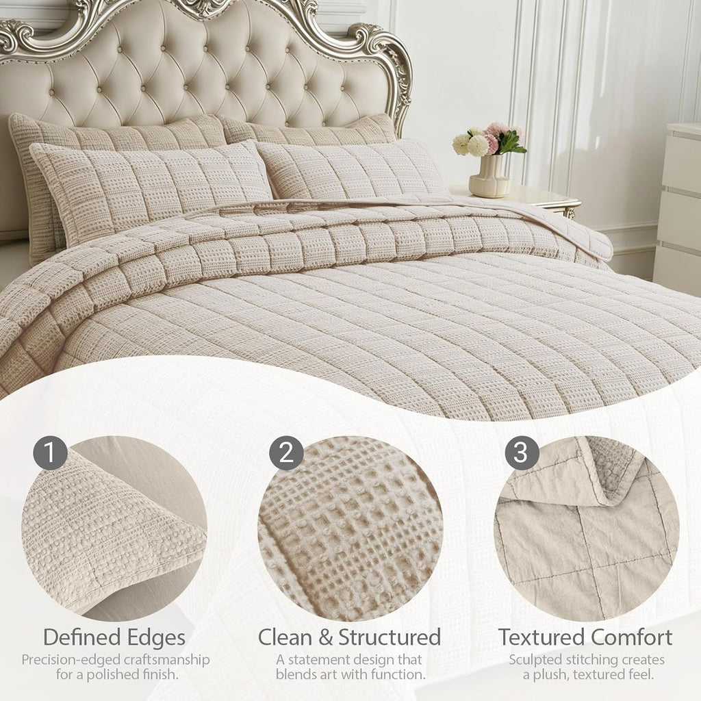 120x128 Cotton Quilt Bedding Set Oversized King Size Quilted Bedspread Sets with 2 Shams,3 Pieces Lightweight Soft Bedding Sets for All Season,Khaki