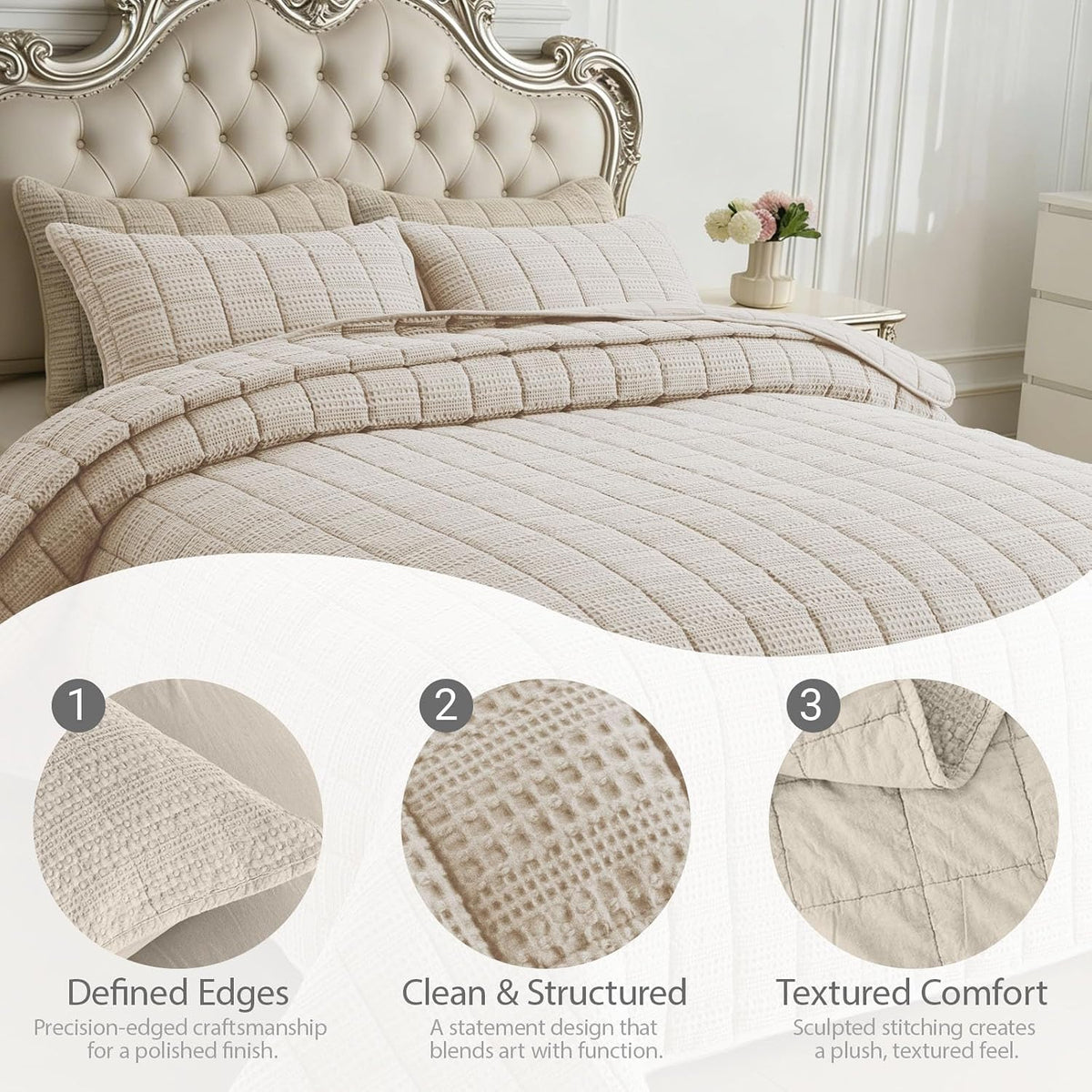 120x128 Cotton Quilt Bedding Set Oversized King Size Quilted Bedspread Sets with 2 Shams,3 Pieces Lightweight Soft Bedding Sets for All Season,Khaki