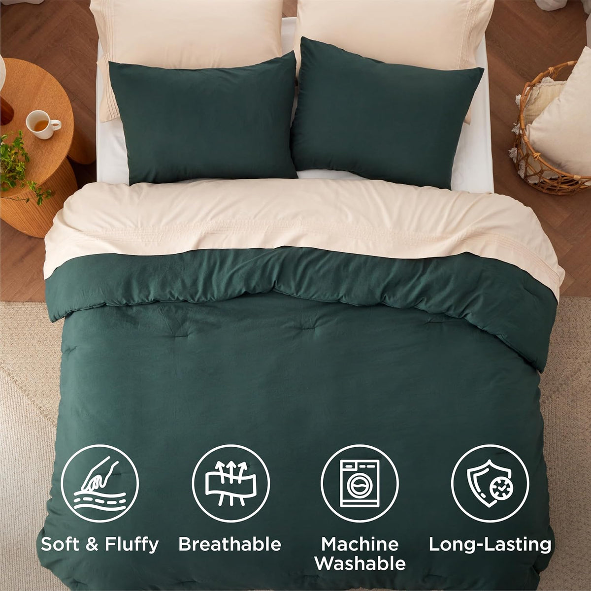 Bedsure Super King Plus Comforter Set, Forest Green Soft Prewashed Bedding for All Seasons, 3 Pieces GentleSoft™ Bed Set, 1 Lightweight Comforter (128'x120') and 2 Pillowcases (20'x36')