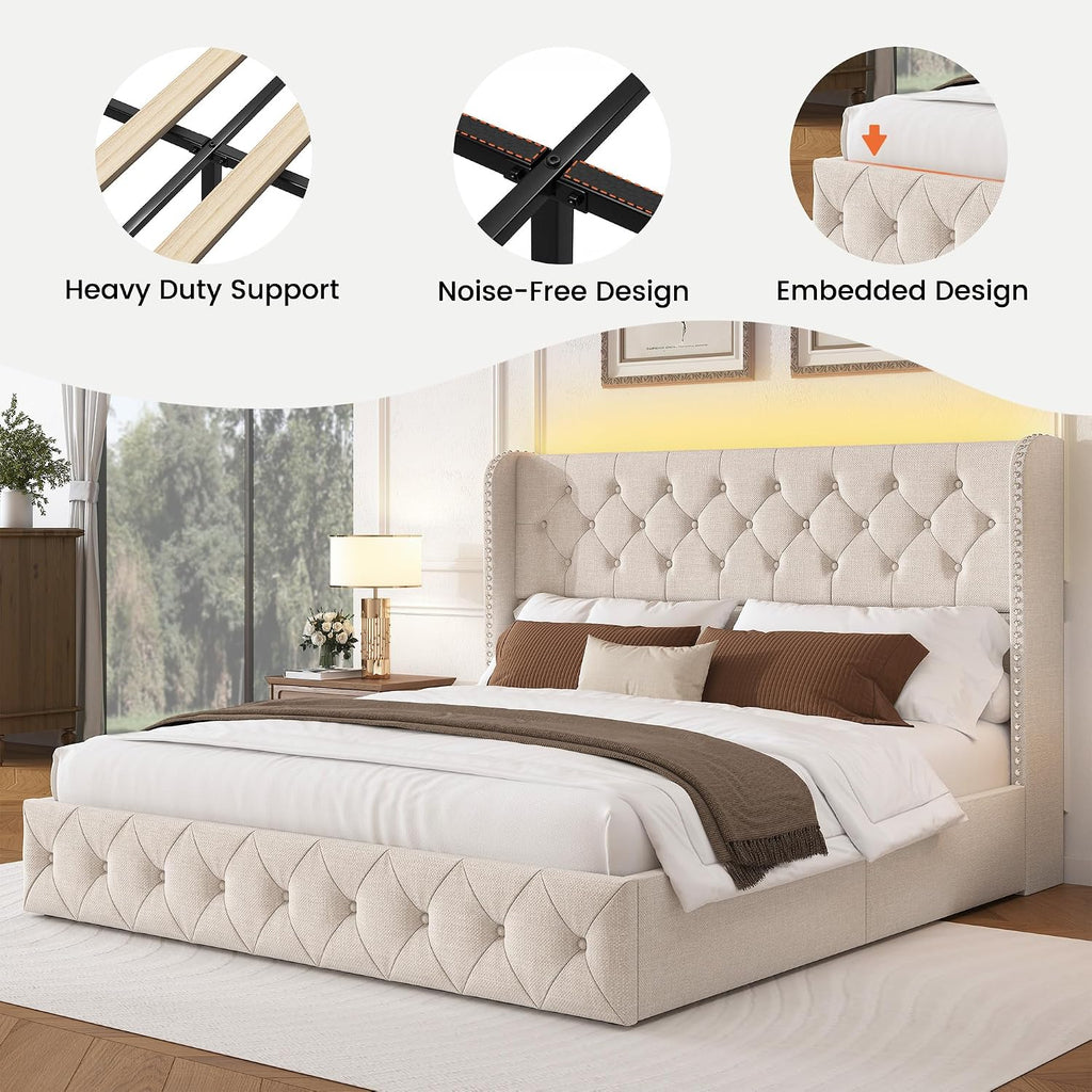 LARMACE King Size Bed Frame with LED Lights and 4 Storage Drawers Linen Upholstered Platform Bed Frame with 47.2' Tall Tufted Headboard Wingback, No Box Spring Needed, Easy to Assemble, Beige