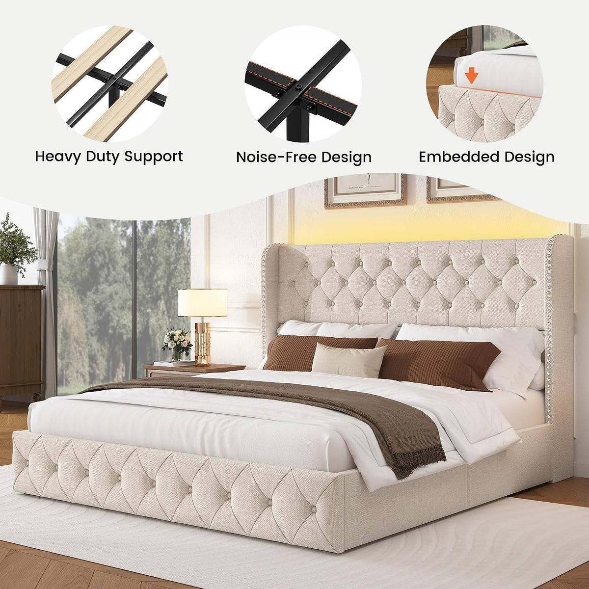 LARMACE King Size Bed Frame with LED Lights and 4 Storage Drawers Linen Upholstered Platform Bed Frame with 47.2' Tall Tufted Headboard Wingback, No Box Spring Needed, Easy to Assemble, Beige