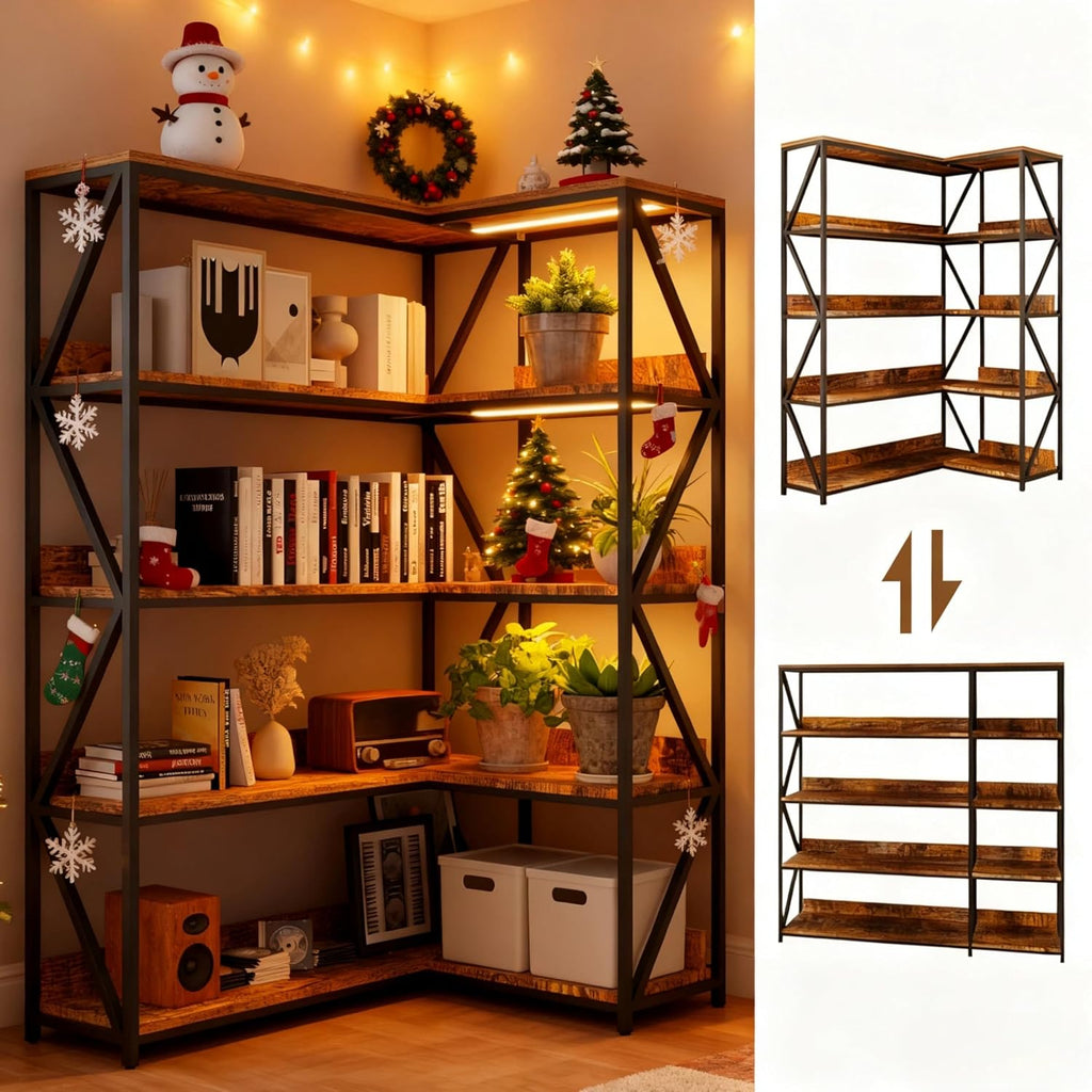 Corner Bookshelf with Light, Indoor Plant Bookcase with Grow Light L Shaped 5 Tier Tall Corner Shelf LED Display Shelves, Vintage Industrial Rotating Bookshelves Metal and Wood Book Shelf
