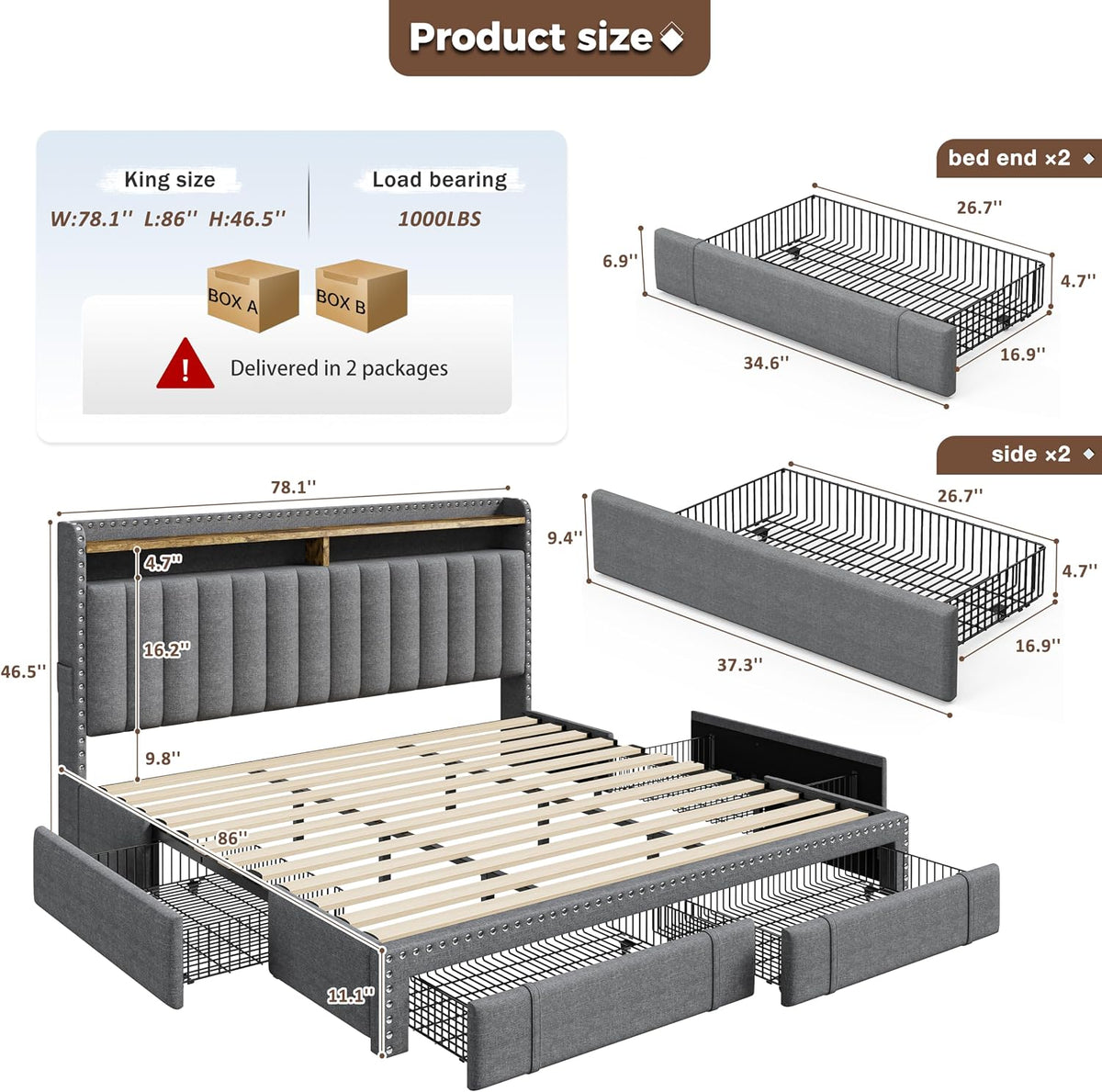 EnHomee Upholstered King Size Bed Frame with 4 Storage Drawers, 2-Tier Storage Headboard, Platform Bed Frame with Wooden Slats Support, No Box Spring Needed, Grey