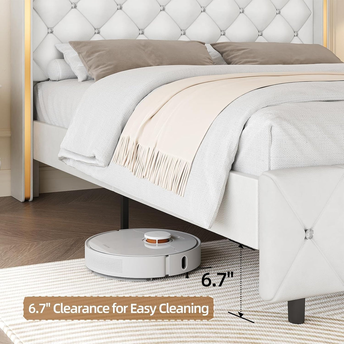 HOMBCK Twin Bed Frames with Headboard, Upholstered Twin Bed Frame with Diamond Tufted Wingback Headboard, 600lbs Heavy Duty Support, Gold Metal Edge Accents, No Box Spring Needed, White Leather
