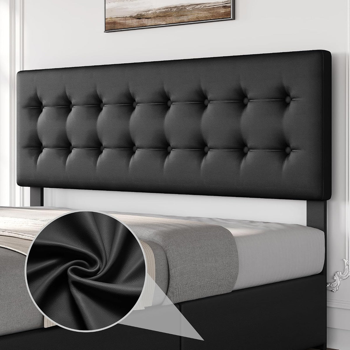 GarveeHome King Size Bed Frame with 4 Storage Drawers and Faux Leather Upholstered Headboard, Wooden Slats Support, Button Tufted Design, No Box Spring Needed, Black