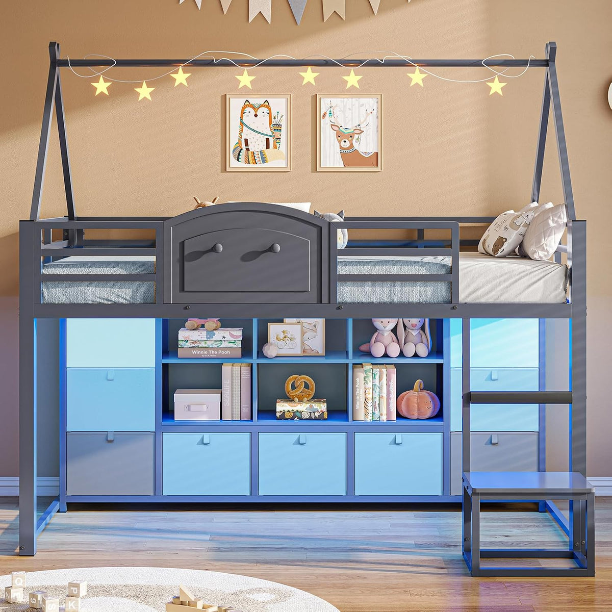 VIAGDO Twin Size Low Loft Bed with 9 Storage Drawers, Bookcase and LED Lights, House-Shaped Metal Twin Loft Bed with Step Stool and Safety Guardrail, Kids Loft Bed with Under-Bed Play Space, Grey