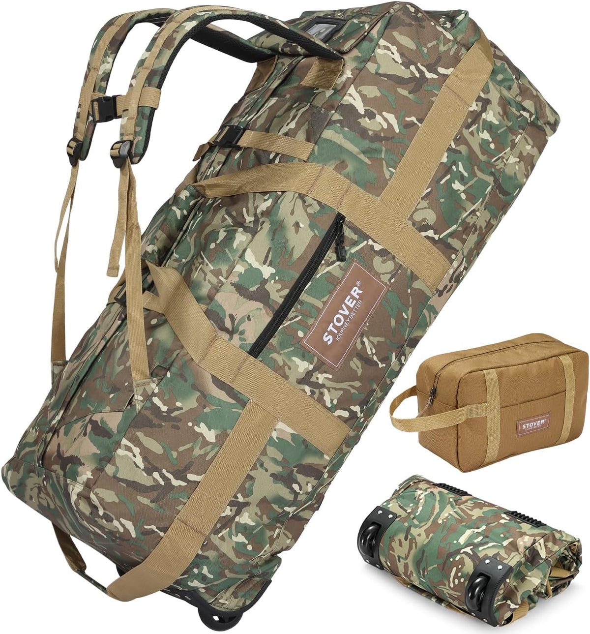 STOVER 45/80/100L Rolling Duffel Bag with Wheels, X-Large Durable Travel Duffle + Toiletry Bag, Heavy Duty, Packable with Shoulder Straps- Use as Luggage or Backpack (Camouflage)