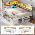 VIAGDO Corner Bed Frame with Storage Bookcase and 6 Drawers, Twin Metal Platform Corner Bed Frame with LED Lights and Charging Station, Twin Daybed for Kids Teenagers, White & Grey