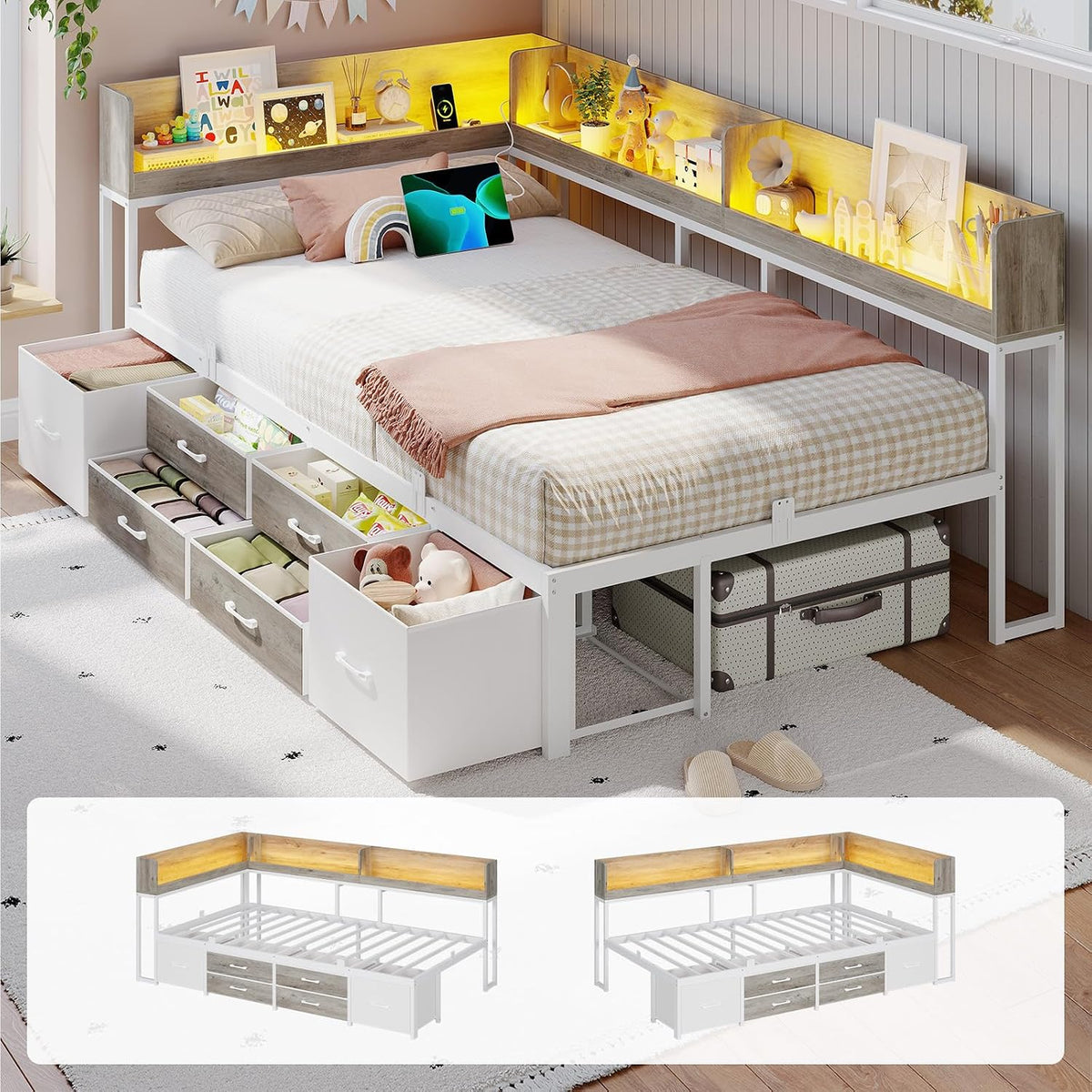 VIAGDO Corner Bed Frame with Storage Bookcase and 6 Drawers, Twin Metal Platform Corner Bed Frame with LED Lights and Charging Station, Twin Daybed for Kids Teenagers, White & Grey