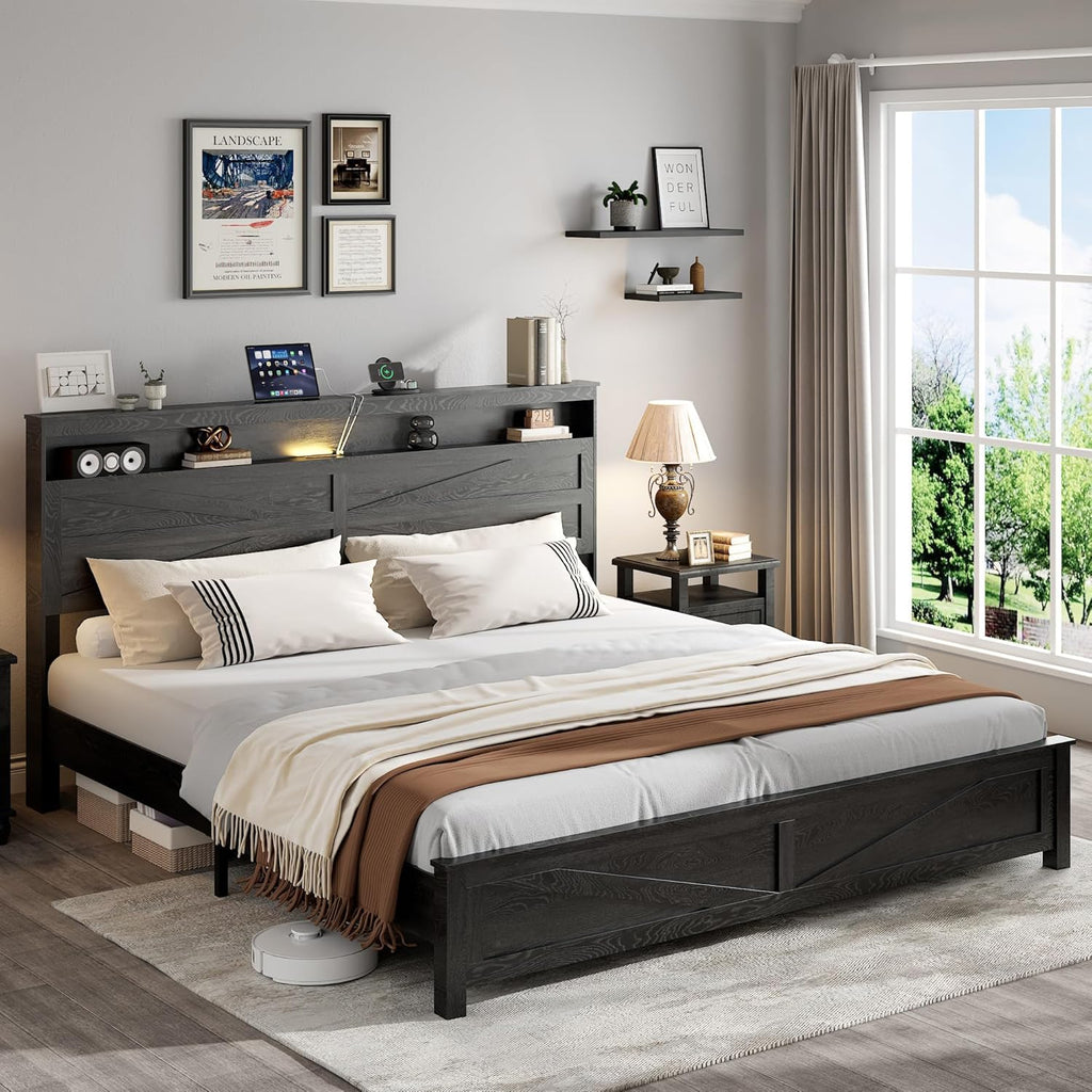 Farmhouse King Size Bed Frame with Headboard Storage Shelf, Wood Platform Bed Frame with LED Lights & Charging Station, Rustic Black Metal Bed, No Box Spring Needed, Noise-Free Sturdy Structure