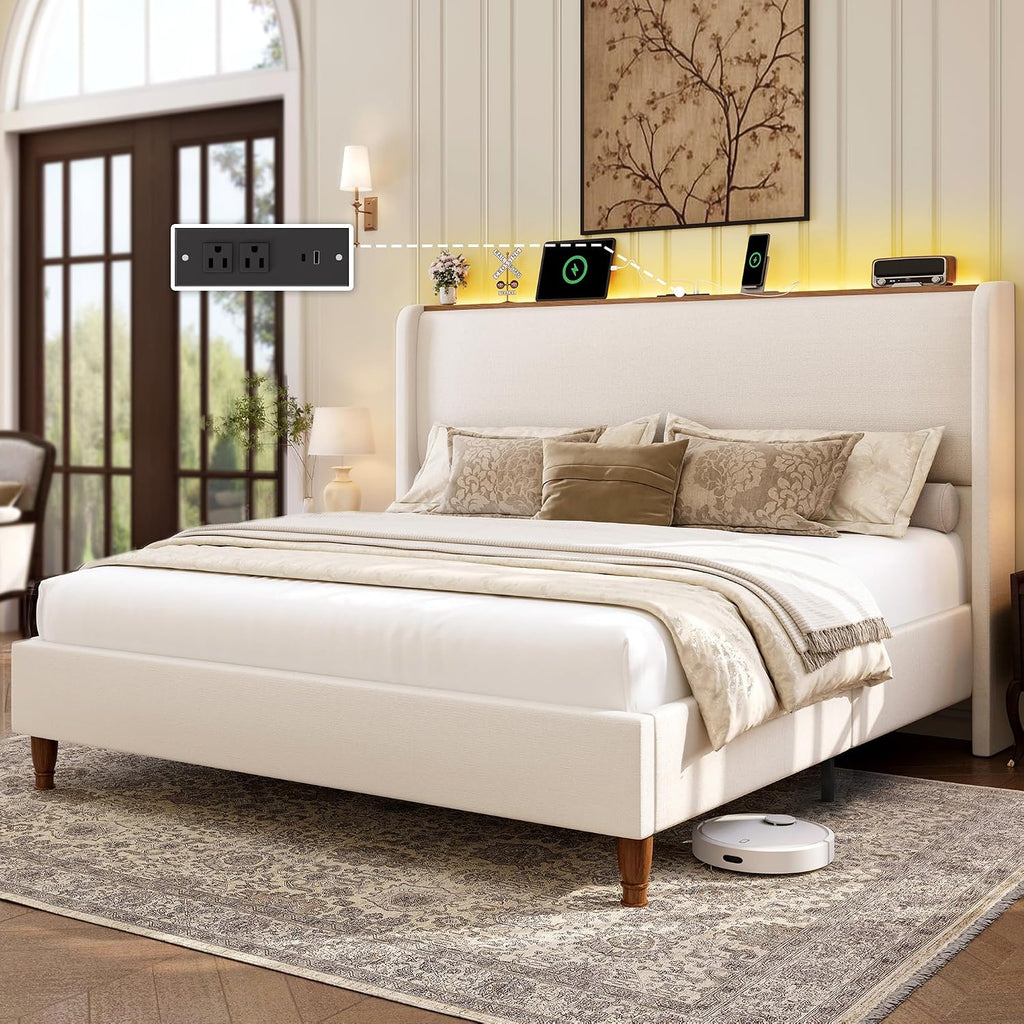 LARMACE King Size Bed Frame with LED Lights and Charging Station Linen Upholstered Platform Bed Frame with 51.2' Tall Wingback Headboard and Storage Shelf, No Box Spring Needed, Easy Assembly, Beige