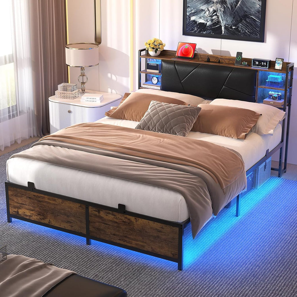 Unikito Cool Queen Size Bed Frame with RGB LED Lights and Power Outlets, Sturdy Platform Bed with Storage Upholstered Headboard, Strong Metal Slats, No Box Spring Needed, Easy Assembly, Vintage