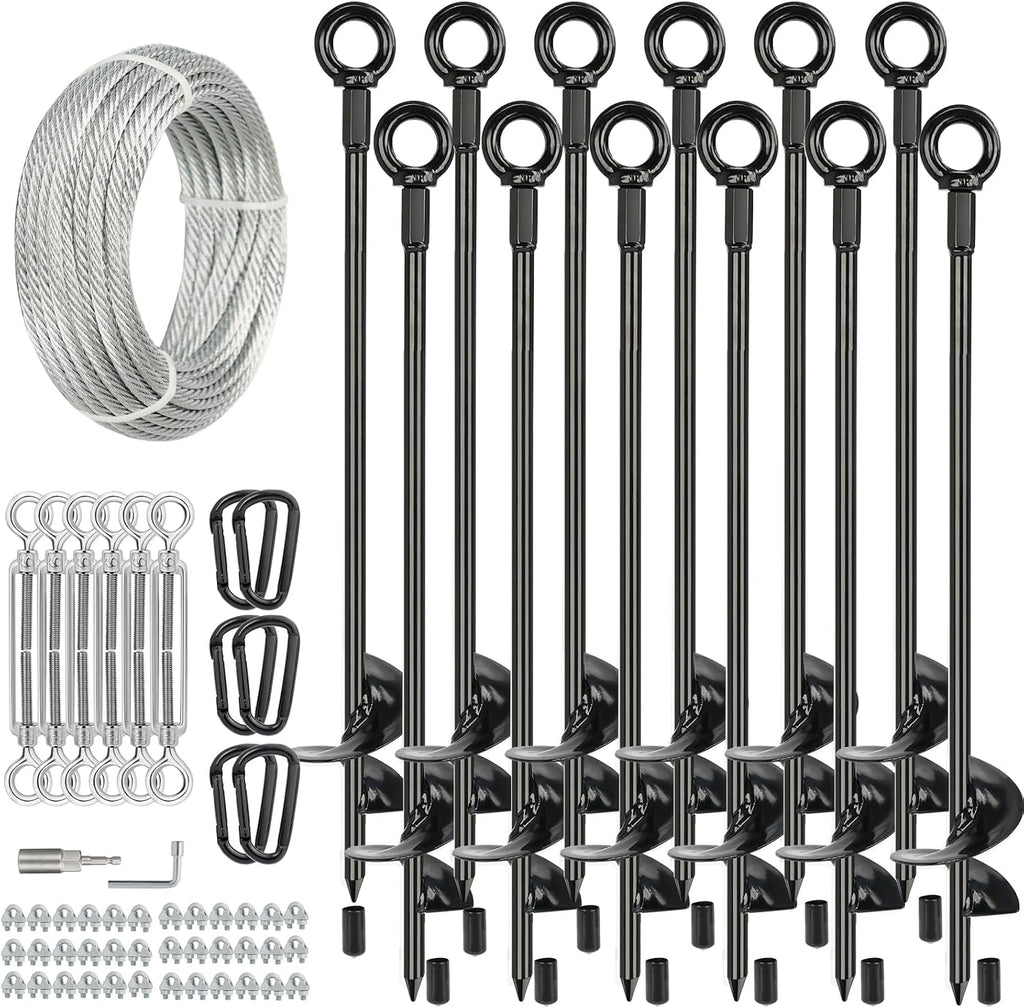 12 Pcs 30' Long Ground Anchors Shed Anchors Kit with 3/16' Galvanized Cable & Turnbuckles & Carabiners, Heavy Duty Earth Anchors for Sheds Trees Trampoline Greenhouse Swing Set Tent.