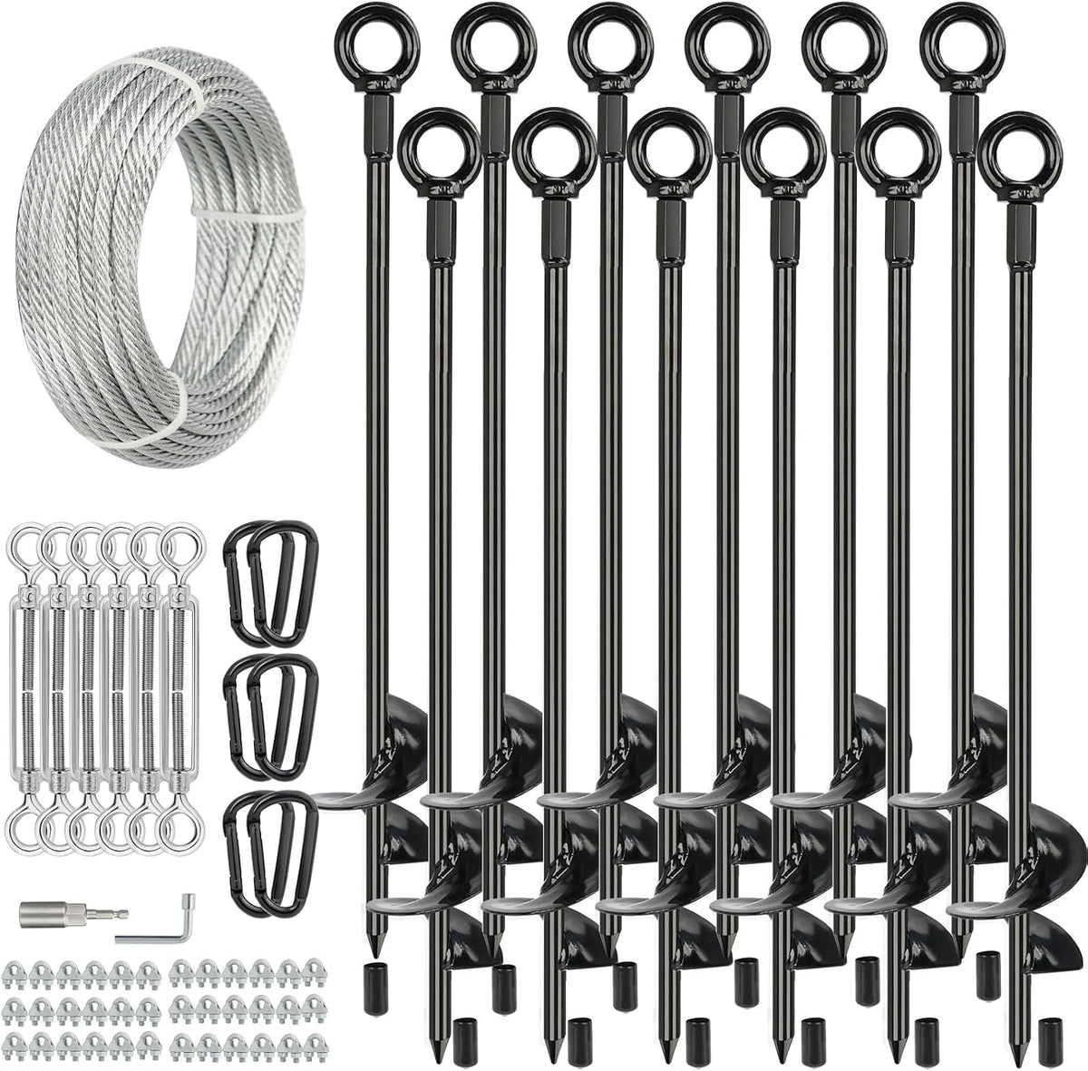 12 Pcs 30' Long Ground Anchors Shed Anchors Kit with 3/16' Galvanized Cable & Turnbuckles & Carabiners, Heavy Duty Earth Anchors for Sheds Trees Trampoline Greenhouse Swing Set Tent.