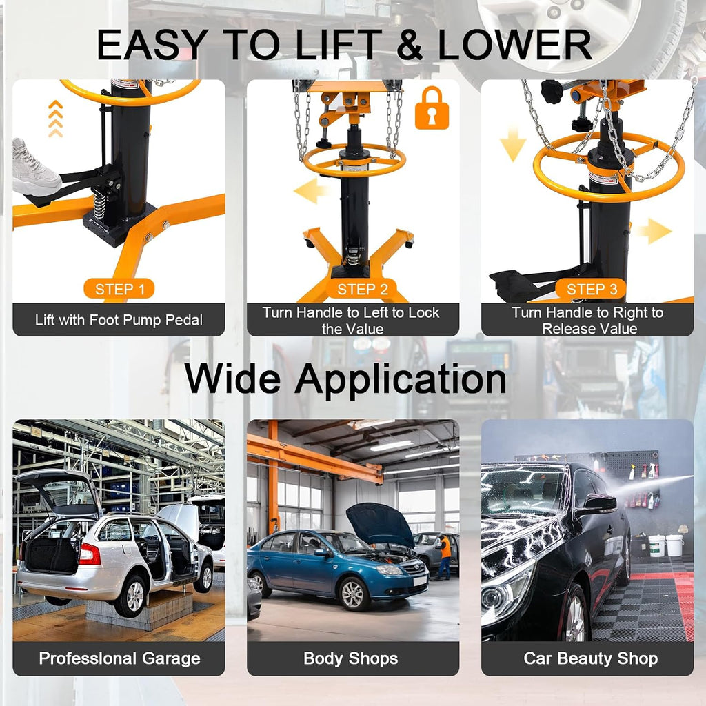 Transmission Jack 1660 lbs/ 0.75 Ton Capacity Hydraulic Telescopic Transmission Jack 34' - 68' Adjustable Height Telescoping Transmission Hydraulic with 360° Swivel Wheels Lift Hoist