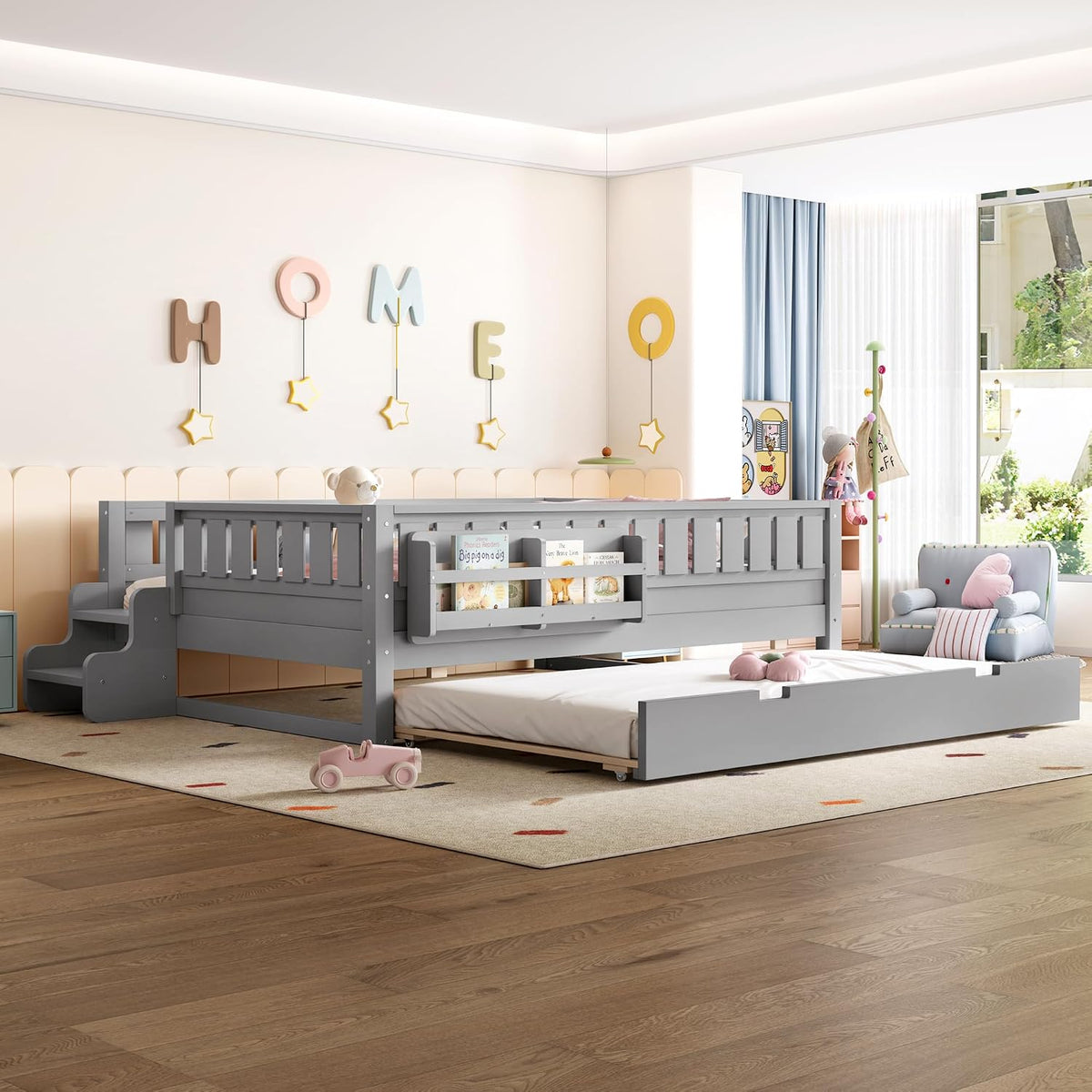 Bellemave Full Bed with Trundle and Stairs, Full Size Platform Bed Frame with Fence and Bookshelf, Easy Assemble Beds for Kids, Girls, Boys, Gray