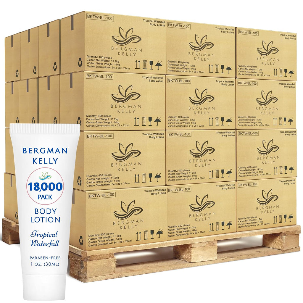 BERGMAN KELLY - Travel Size Lotion - 1 fl oz, 18000 PK, Tropical Waterfall - Delight Your Guests w/Invigorating & Refreshing Body Lotion - Quality Mini & Small Size Guest Hotel Toiletries in Bulk