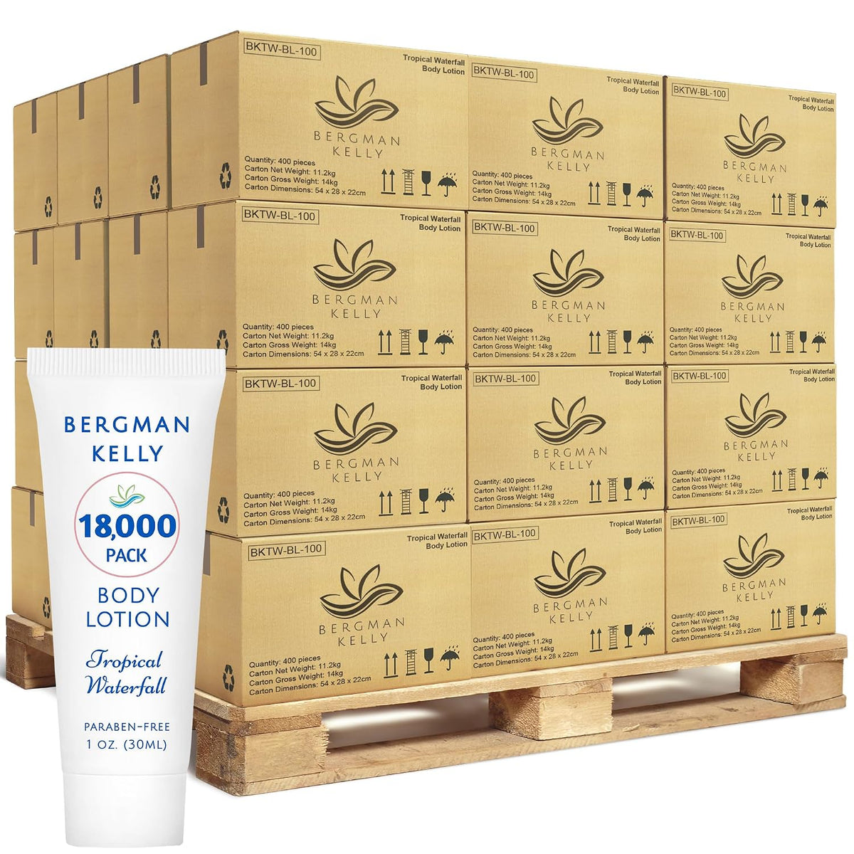 BERGMAN KELLY - Travel Size Lotion - 1 fl oz, 18000 PK, Tropical Waterfall - Delight Your Guests w/Invigorating & Refreshing Body Lotion - Quality Mini & Small Size Guest Hotel Toiletries in Bulk