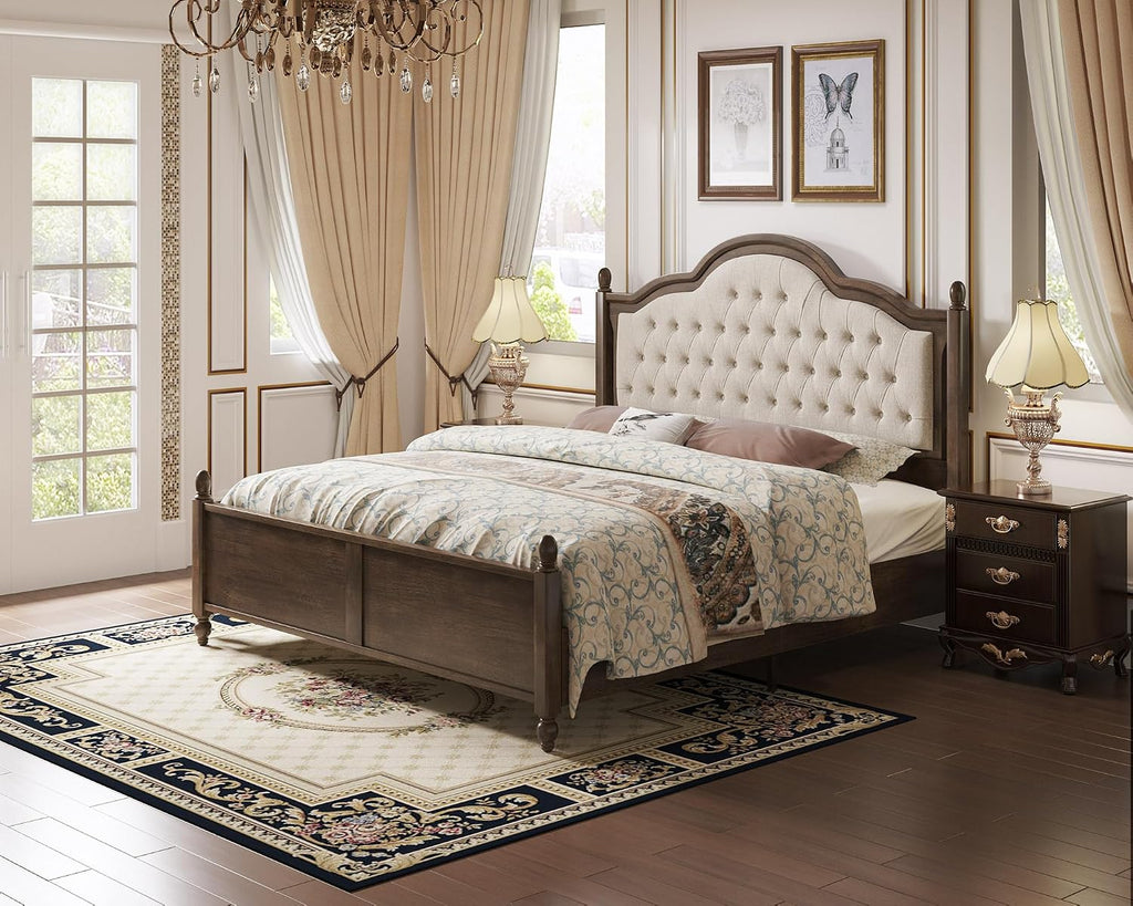 LUXOAK Wooden Bed Frame with Upholstered Headboard, King Size Sturdy Rubberwood Platform Bed with Tufted Linen, No Box Spring Needed, Easy Assembly, Walnut