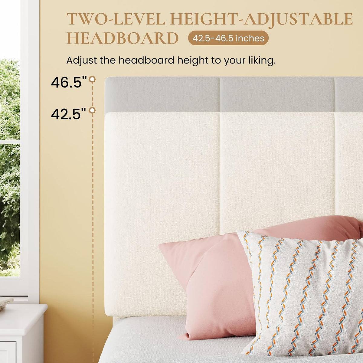 SHA CERLIN King Size Lift Up Storage Bed Frame, Adjustable Headboard, Hydraulic Support, Velvet Upholstered, Easy Installation, No Box Spring Needed, Cream