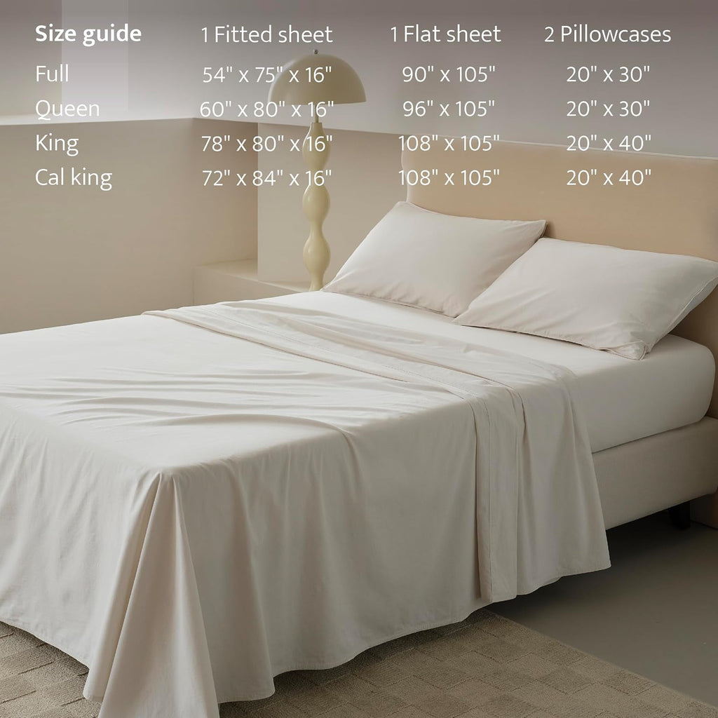 Double Stitch 100% Organic Cotton Sheets, Queen Sheet Set, GOTS Certified Long Staple Cotton Bedsheets, Luxury & Soft Hotel Bed Sheets with 16 inches Deep Pocket, Made in India Coconut Milk