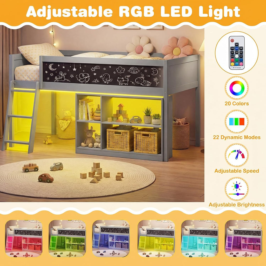 Giantex Low Loft Bed with LED Lights, Twin Size Bed Frames for Kids w/Chalkboard, Removable Bookcase & Under-Bed Storage Space, Wood Loft Beds with Stairs, Safety Guardrail for Girls Boys (Grey)