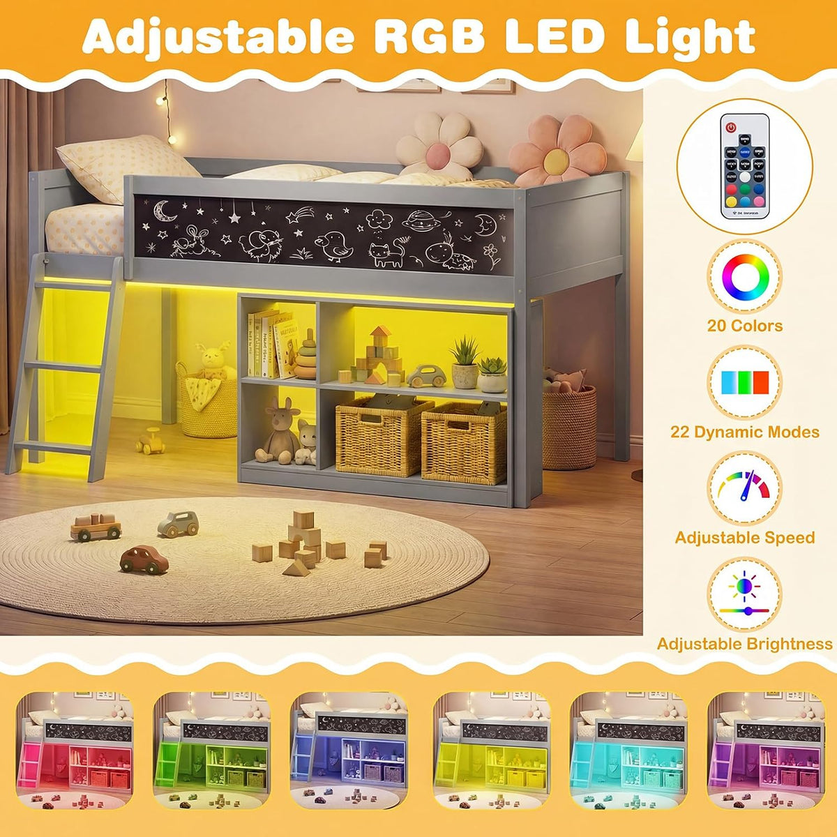 Giantex Low Loft Bed with LED Lights, Twin Size Bed Frames for Kids w/Chalkboard, Removable Bookcase & Under-Bed Storage Space, Wood Loft Beds with Stairs, Safety Guardrail for Girls Boys (Grey)