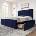 GarveeHome Queen Size Bed Frame with 4 Storage Drawers and Velvet Upholstered Headboard, Wooden Slats Support, Button Tufted Design, No Box Spring Needed, Blue