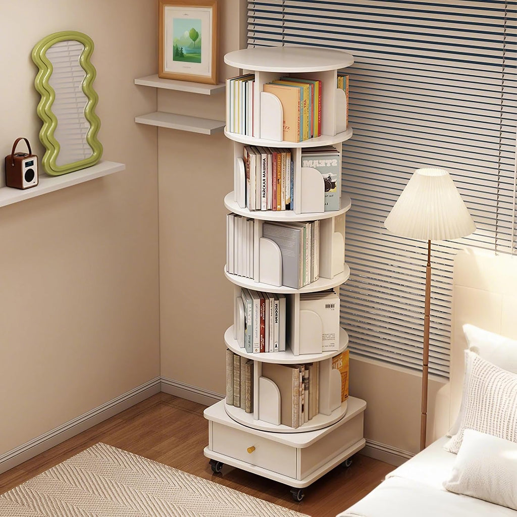 KEIKI 6-Tier Rotating Tower Spinning Bookshelf with 360°Swivel Wheels & Square Storage Drawer Base,Narrow Rolling Bookcase for Small Space,Corner,Bedroom,Office,White