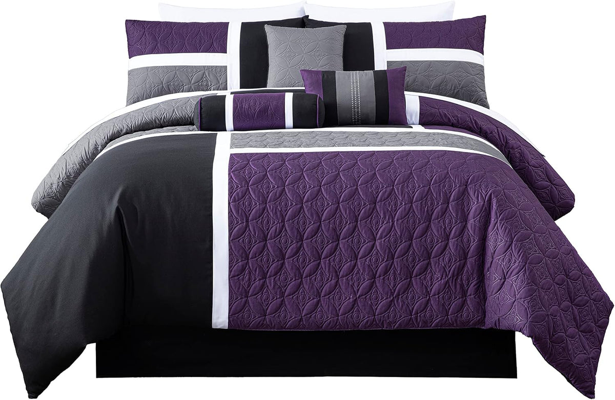 Chezmoi Collection Upland 7-Piece Quilted Patchwork Comforter Set, Purple/Black/Gray, Oversized King