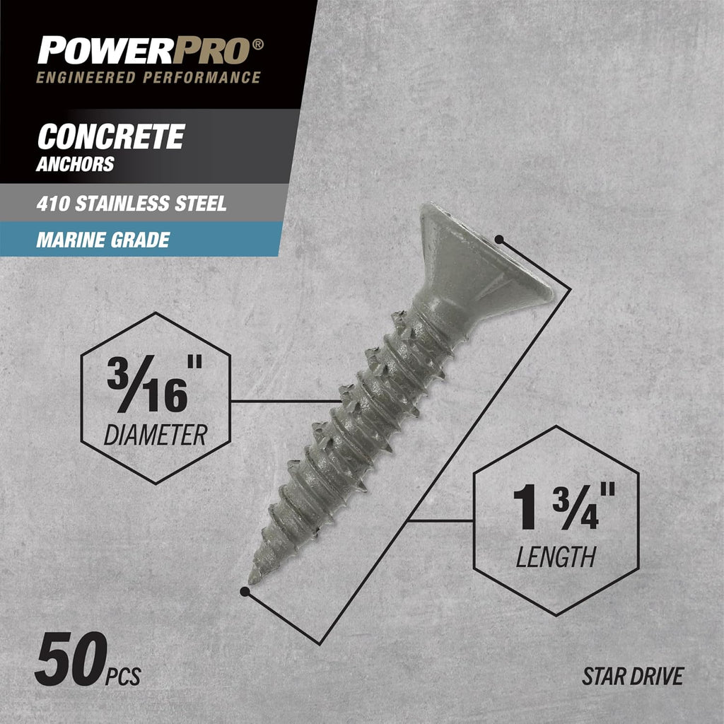 Power Pro Concrete Screw Anchors #410 Stainless Flat (3/16' x 1-3/4') 100-Piece