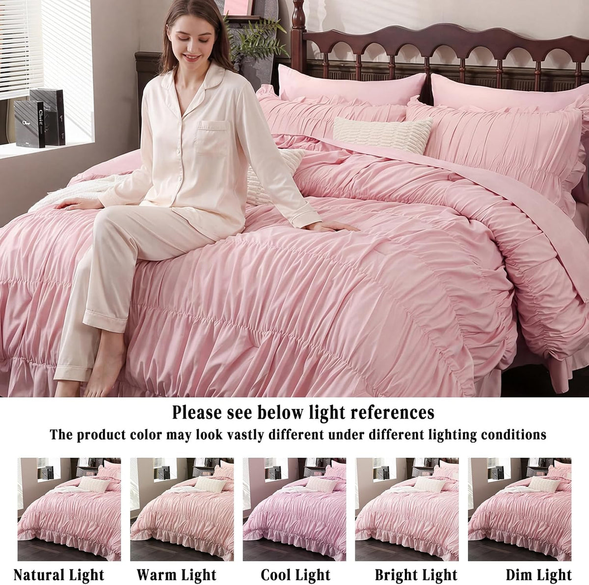 Herside Pink Ruffle Comforter Set King Size,9 PCS Ruched Bedding Bed-in-a-Bag Pleated Ruffle Bedding Set,Shabby Chic Boho Soft and Fluffy Comforter Vintage Bedding for All Season Home Decor | Ruffle Ruched