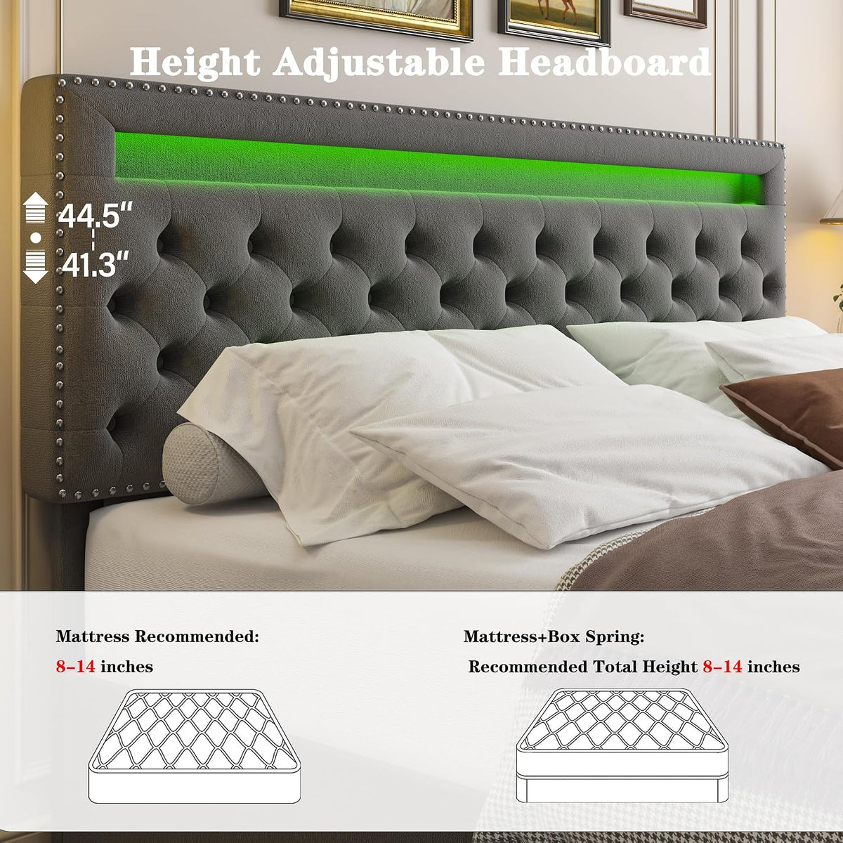 Full LED Bed Frame with 4 Drawers, Platform Bed with Headboard, Adjustable Upholstered Diamond Headboard and Frame, No Box Spring Needed, Wooden Slats Support, Velvet Gray