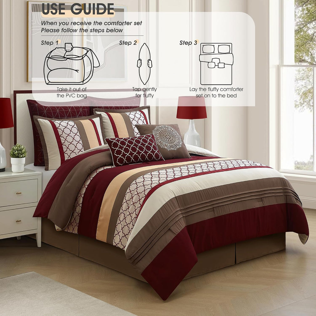 LANCO MODERN LIFESTYLE California King Comforter Set, Berry Taupe Bedding Set, Jacquard Woven with Embroidery, 8 Pieces Bed in a Bag, Bed Skirt, Shams and Decorative Pillows