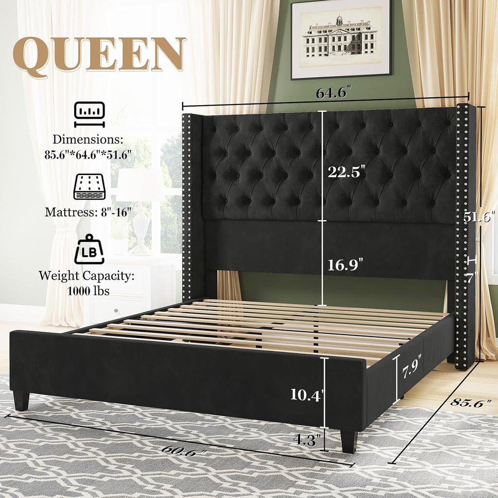 Jocisland Queen Size Bed Frame with 51.6' Wingback Tufted Velvet Headboard, Modern Upholstered Platform Bed, No Box Spring Needed, Easy Assembly, Black